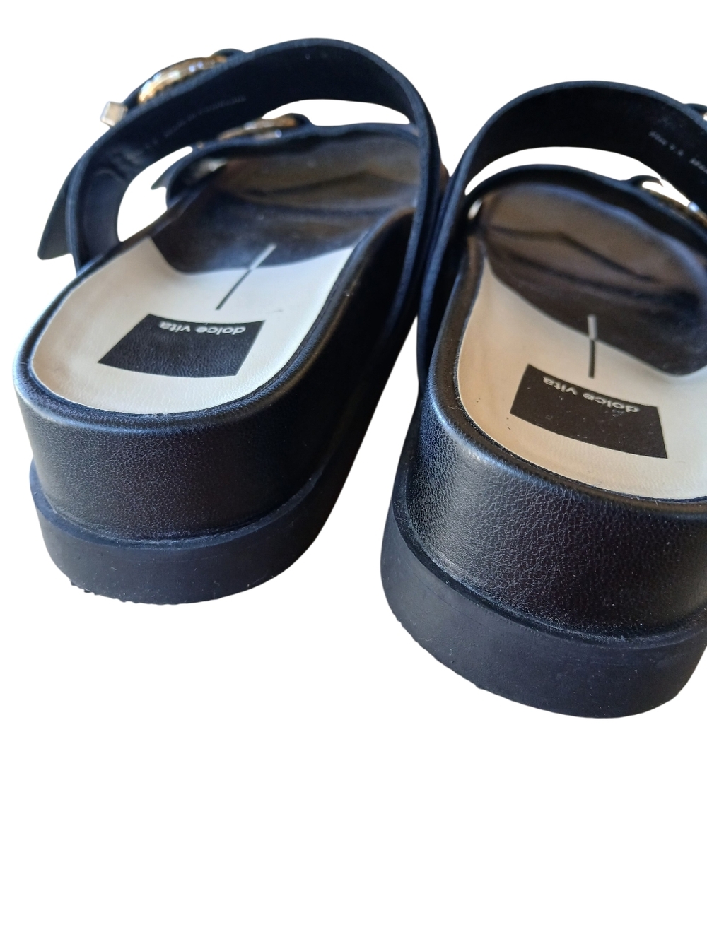 DOLCE VITA Black Double-Strap Slide Sandals with Gold Buckles EUC! - Picture 7 of 10